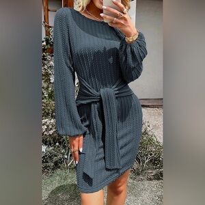 NWOT Amazon HoTouch Ribbed Knit Tie-Waist Midi Dress in Slate Blue